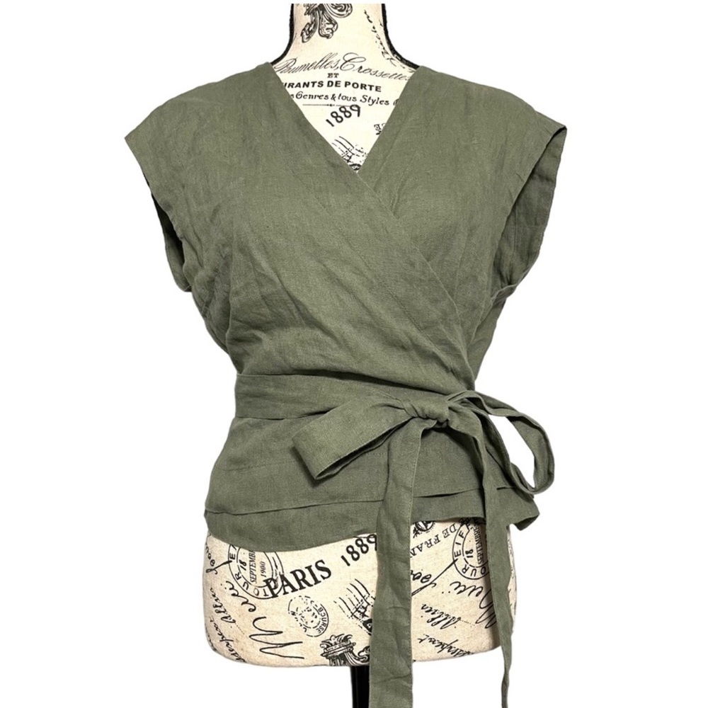 Linenfox Olive Amelia Wrap Tie-Waist Linen Blend Top size Large
